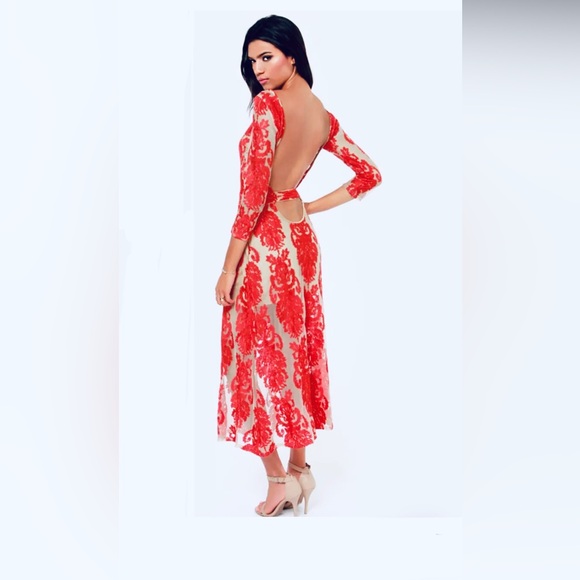 For Love and Lemons San Marcos Embroidered Lace Print Open Back Maxi Dress Red - Picture 8 of 10